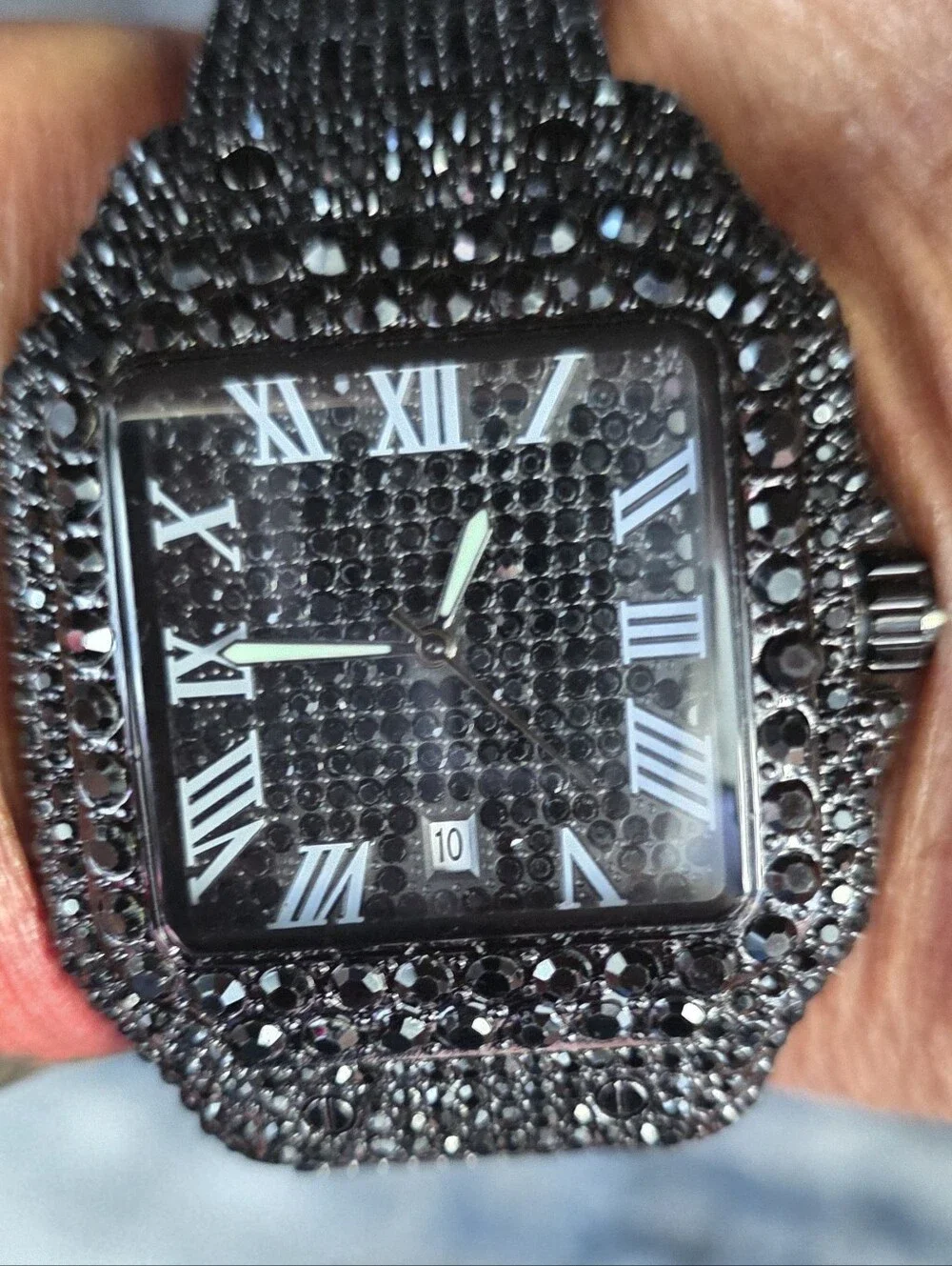 344.  Black Crystal-Embellished Square Face Watch
